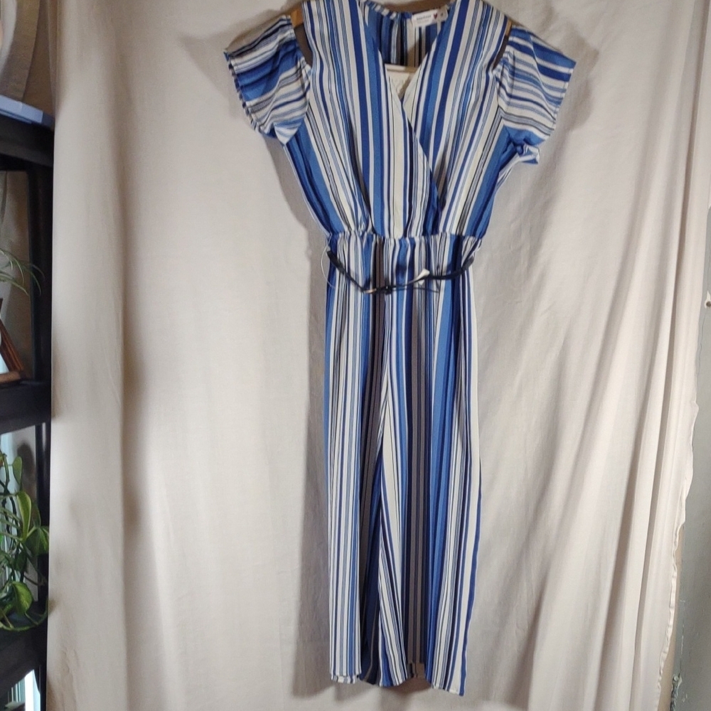 NWT Beautees Girls Blue & White Striped Wide Pants Cold Shlr. Jumpsuit - Size 12